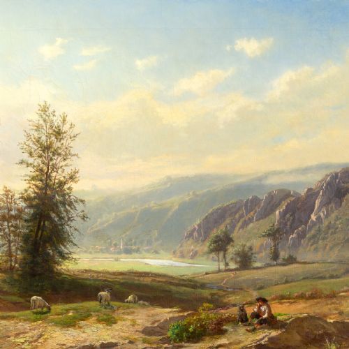 GIULIO CECCHINI PASTORAL LANDSCAPE WITH MOUNTAINS LAKE ANTIQUE OIL PAINTING - ADDITIONAL PHOTO 6