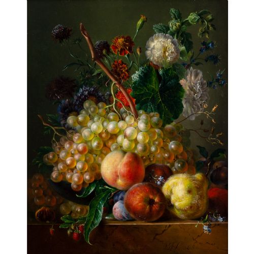 MID19THCENTURY GERMAN SCHOOL STILL LIFE WITH FRUIT FLOWERS AND BRANCHES ANTIQUE OIL PAINTING - ADDITIONAL PHOTO 1