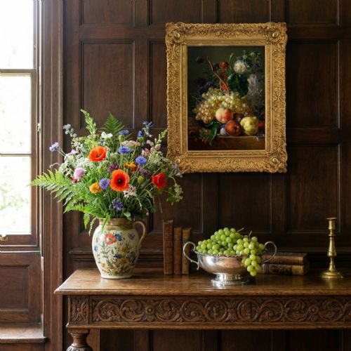 MID19THCENTURY GERMAN SCHOOL STILL LIFE WITH FRUIT FLOWERS AND BRANCHES ANTIQUE OIL PAINTING - ADDITIONAL PHOTO 2