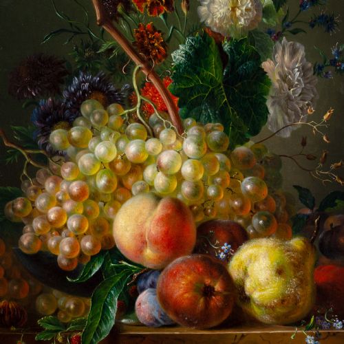 MID19THCENTURY GERMAN SCHOOL STILL LIFE WITH FRUIT FLOWERS AND BRANCHES ANTIQUE OIL PAINTING - ADDITIONAL PHOTO 3