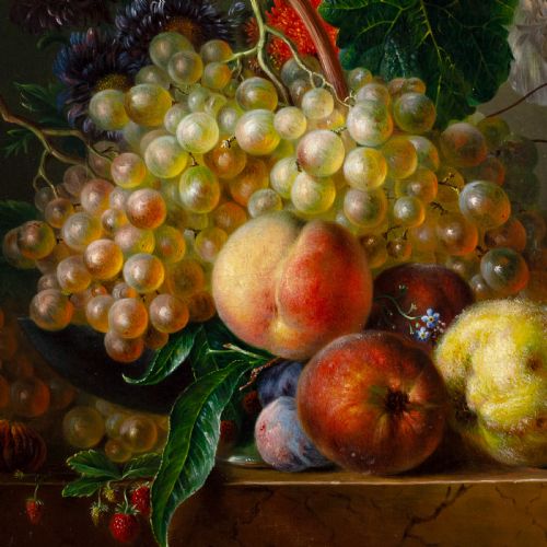 MID19THCENTURY GERMAN SCHOOL STILL LIFE WITH FRUIT FLOWERS AND BRANCHES ANTIQUE OIL PAINTING - ADDITIONAL PHOTO 4