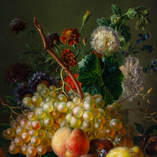 MID19THCENTURY GERMAN SCHOOL STILL LIFE WITH FRUIT FLOWERS AND BRANCHES ANTIQUE OIL PAINTING - ADDITIONAL PHOTO 5