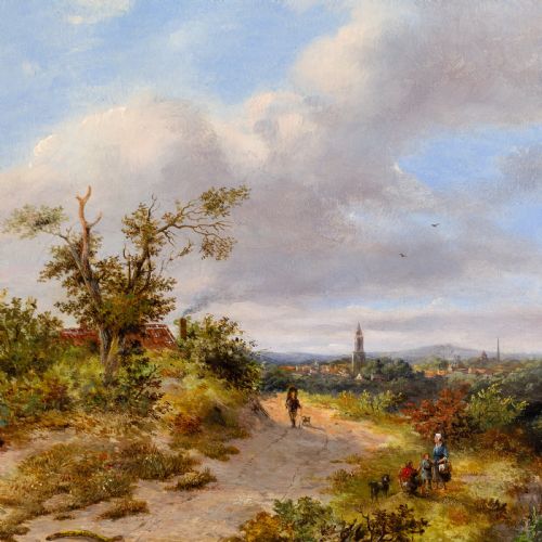 JOHANNES PHILIPPUS GALJAARD FIGURES ON A RURAL TRACK WITH TOWN BEYOND ANTIQUE OIL PAINTING - ADDITIONAL PHOTO 2