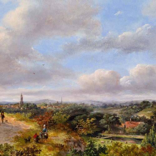 JOHANNES PHILIPPUS GALJAARD FIGURES ON A RURAL TRACK WITH TOWN BEYOND ANTIQUE OIL PAINTING - ADDITIONAL PHOTO 3