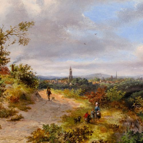 JOHANNES PHILIPPUS GALJAARD FIGURES ON A RURAL TRACK WITH TOWN BEYOND ANTIQUE OIL PAINTING - ADDITIONAL PHOTO 4