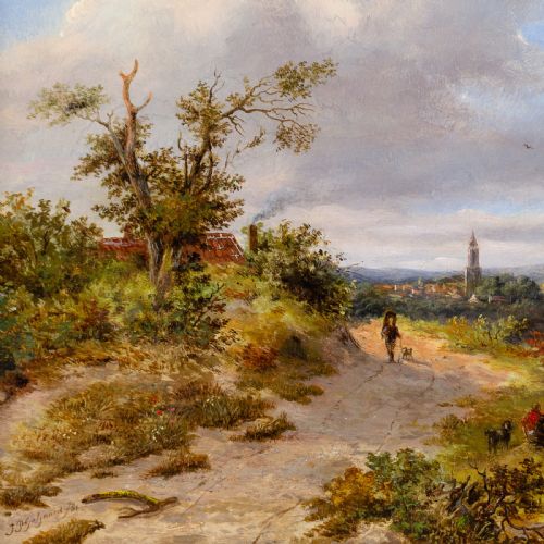 JOHANNES PHILIPPUS GALJAARD FIGURES ON A RURAL TRACK WITH TOWN BEYOND ANTIQUE OIL PAINTING - ADDITIONAL PHOTO 5