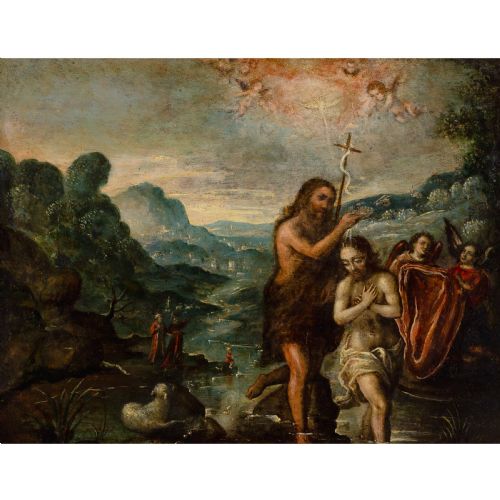 EARLY 17THCENTURY SPANISH SCHOOL THE BAPTISM OF CHRIST ANTIQUE OIL PAINTING - ADDITIONAL PHOTO 1