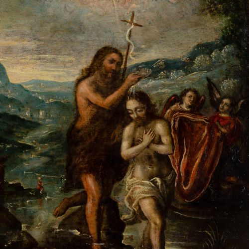 EARLY 17THCENTURY SPANISH SCHOOL THE BAPTISM OF CHRIST ANTIQUE OIL PAINTING - ADDITIONAL PHOTO 3
