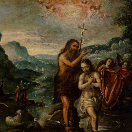 EARLY 17THCENTURY SPANISH SCHOOL THE BAPTISM OF CHRIST ANTIQUE OIL PAINTING - ADDITIONAL PHOTO 5