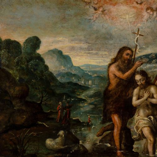 EARLY 17THCENTURY SPANISH SCHOOL THE BAPTISM OF CHRIST ANTIQUE OIL PAINTING - ADDITIONAL PHOTO 6