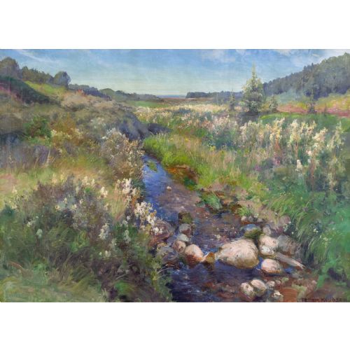 PEDER KNUDSEN MEADOW LANDSCAPE WITH STREAM DISTANT SEA VIEW ANTIQUE OIL PAINTING - ADDITIONAL PHOTO 1