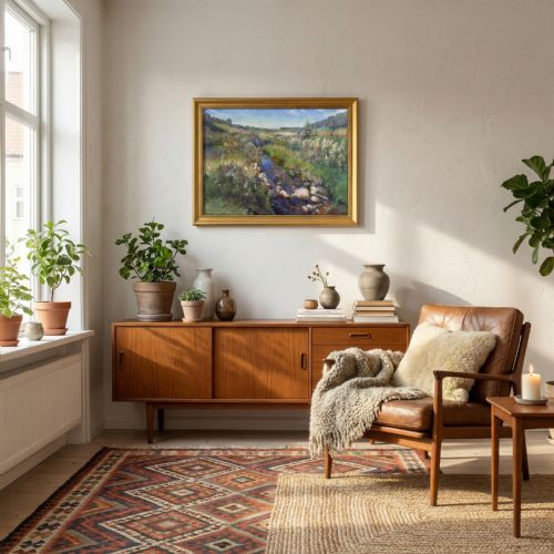 PEDER KNUDSEN MEADOW LANDSCAPE WITH STREAM DISTANT SEA VIEW ANTIQUE OIL PAINTING - ADDITIONAL PHOTO 2