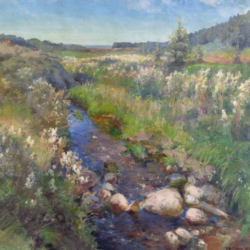 PEDER KNUDSEN MEADOW LANDSCAPE WITH STREAM DISTANT SEA VIEW ANTIQUE OIL PAINTING - ADDITIONAL PHOTO 3