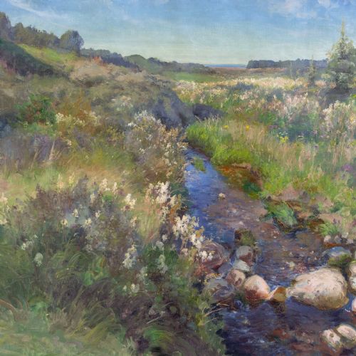 PEDER KNUDSEN MEADOW LANDSCAPE WITH STREAM DISTANT SEA VIEW ANTIQUE OIL PAINTING - ADDITIONAL PHOTO 4