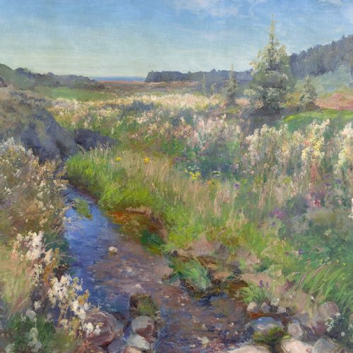 PEDER KNUDSEN MEADOW LANDSCAPE WITH STREAM DISTANT SEA VIEW ANTIQUE OIL PAINTING - ADDITIONAL PHOTO 5