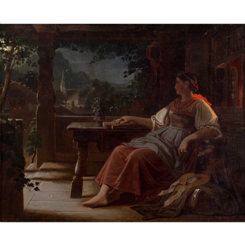 MID19THCENTURY MUNICH SCHOOL NOCTURNAL ALPINE SCENE WITH WOMAN RESTING ANTIQUE OIL PAINTING - ADDITIONAL PHOTO 1