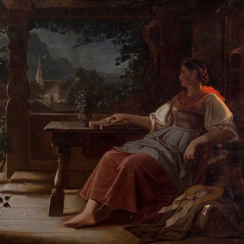MID19THCENTURY MUNICH SCHOOL NOCTURNAL ALPINE SCENE WITH WOMAN RESTING ANTIQUE OIL PAINTING - ADDITIONAL PHOTO 2