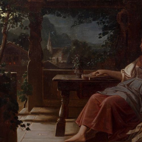 MID19THCENTURY MUNICH SCHOOL NOCTURNAL ALPINE SCENE WITH WOMAN RESTING ANTIQUE OIL PAINTING - ADDITIONAL PHOTO 3