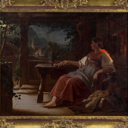 MID19THCENTURY MUNICH SCHOOL NOCTURNAL ALPINE SCENE WITH WOMAN RESTING ANTIQUE OIL PAINTING - ADDITIONAL PHOTO 4