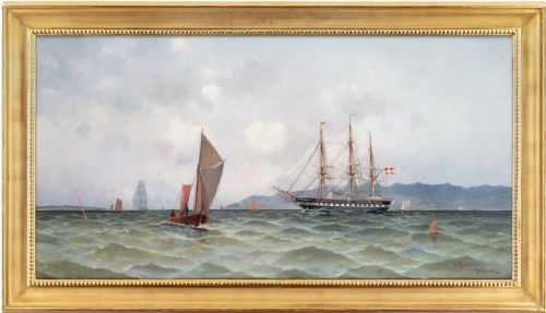 ludvig richarde steam frigate at copenhagen antique oil painting - CATEGORY: ANTIQUE ART - DATED 1880