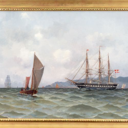 LUDVIG RICHARDE STEAM FRIGATE AT COPENHAGEN ANTIQUE OIL PAINTING - ADDITIONAL PHOTO 2