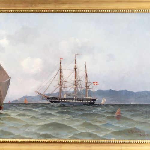 LUDVIG RICHARDE STEAM FRIGATE AT COPENHAGEN ANTIQUE OIL PAINTING - ADDITIONAL PHOTO 3