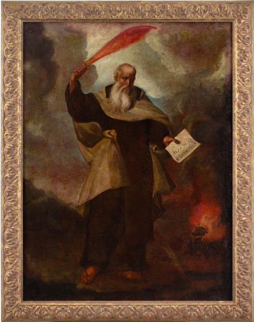 MID17THCENTURY MADRID SCHOOL SAINT ELIJAH ANTIQUE OIL PAINTING