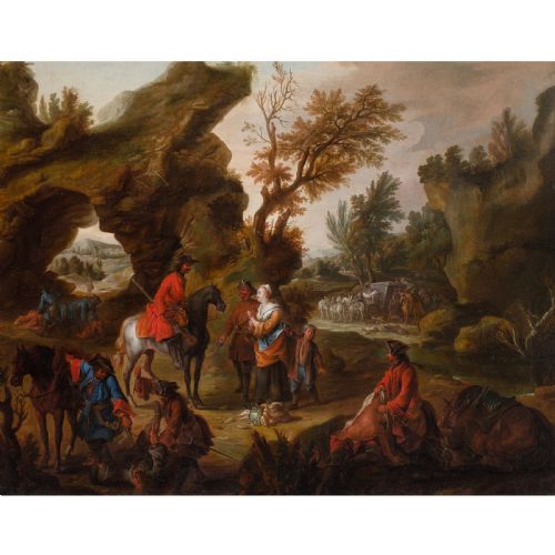 MICHEL LANDOIS THE STAGECOACH ROBBERY ANTIQUE OIL PAINTING - ADDITIONAL PHOTO 1