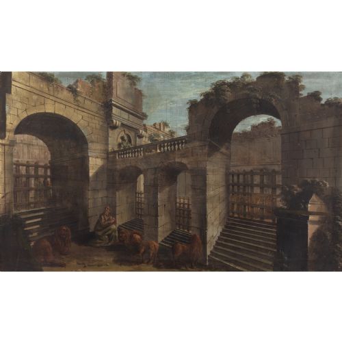 MID18THCENTURY CENTRAL ITALIAN SCHOOL ARCHITECTURAL CAPRICCIO WITH DANIEL IN THE LIONS DEN ANTIQUE TEMPERA ON CANVAS - ADDITIONAL PHOTO 1