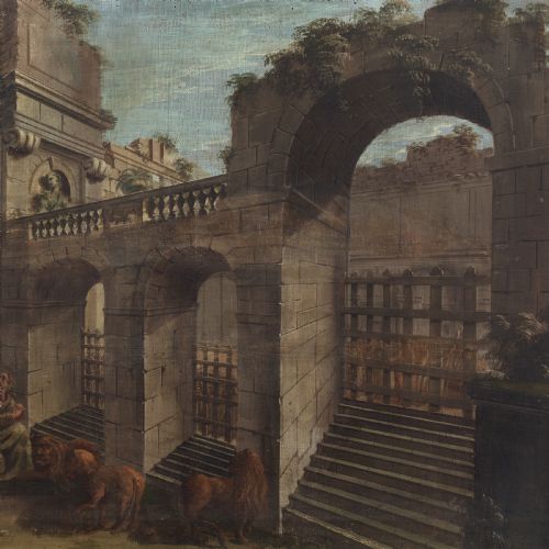 MID18THCENTURY CENTRAL ITALIAN SCHOOL ARCHITECTURAL CAPRICCIO WITH DANIEL IN THE LIONS DEN ANTIQUE TEMPERA ON CANVAS - ADDITIONAL PHOTO 2