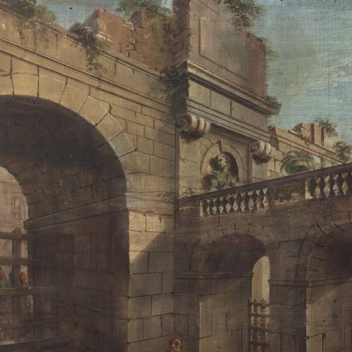 MID18THCENTURY CENTRAL ITALIAN SCHOOL ARCHITECTURAL CAPRICCIO WITH DANIEL IN THE LIONS DEN ANTIQUE TEMPERA ON CANVAS - ADDITIONAL PHOTO 3