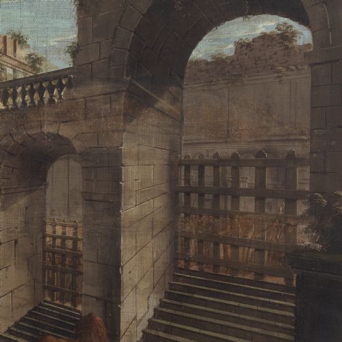 MID18THCENTURY CENTRAL ITALIAN SCHOOL ARCHITECTURAL CAPRICCIO WITH DANIEL IN THE LIONS DEN ANTIQUE TEMPERA ON CANVAS - ADDITIONAL PHOTO 4