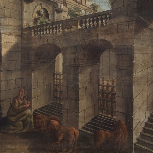 MID18THCENTURY CENTRAL ITALIAN SCHOOL ARCHITECTURAL CAPRICCIO WITH DANIEL IN THE LIONS DEN ANTIQUE TEMPERA ON CANVAS - ADDITIONAL PHOTO 5