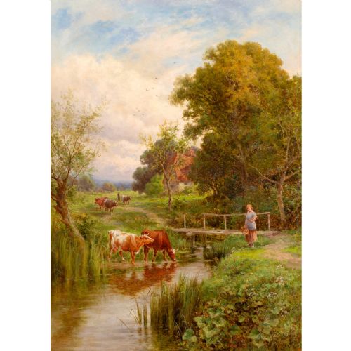 HENRY HILLINGFORD PARKER ACROSS THE STREAM MIDGHAM BERKSHIRE ANTIQUE OIL PAINTING - ADDITIONAL PHOTO 1