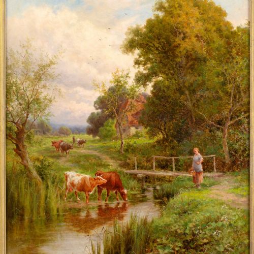 HENRY HILLINGFORD PARKER ACROSS THE STREAM MIDGHAM BERKSHIRE ANTIQUE OIL PAINTING - ADDITIONAL PHOTO 2