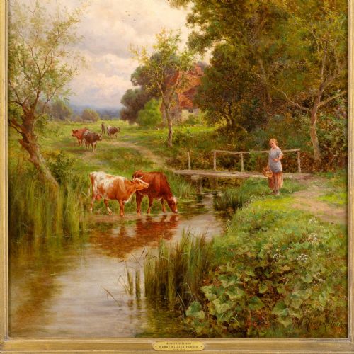 HENRY HILLINGFORD PARKER ACROSS THE STREAM MIDGHAM BERKSHIRE ANTIQUE OIL PAINTING - ADDITIONAL PHOTO 3