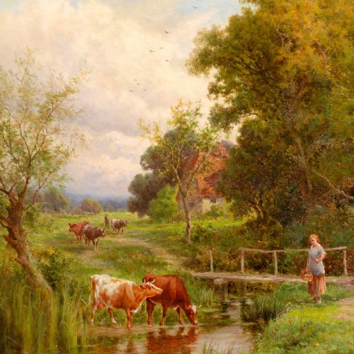 HENRY HILLINGFORD PARKER ACROSS THE STREAM MIDGHAM BERKSHIRE ANTIQUE OIL PAINTING - ADDITIONAL PHOTO 4