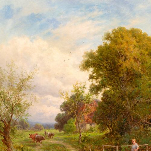 HENRY HILLINGFORD PARKER ACROSS THE STREAM MIDGHAM BERKSHIRE ANTIQUE OIL PAINTING - ADDITIONAL PHOTO 5