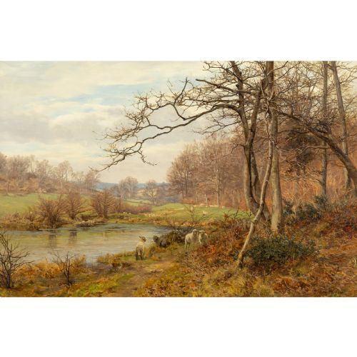 FRANK WALTON RIVER LANDSCAPE LATE AUTUMN ANTIQUE OIL PAINTING - ADDITIONAL PHOTO 1