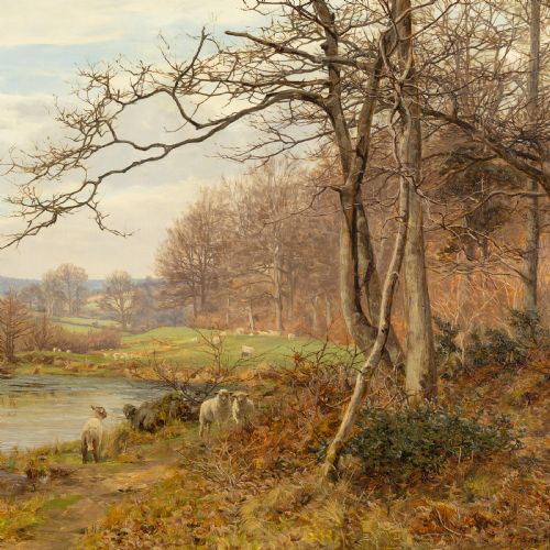FRANK WALTON RIVER LANDSCAPE LATE AUTUMN ANTIQUE OIL PAINTING - ADDITIONAL PHOTO 3