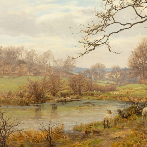 FRANK WALTON RIVER LANDSCAPE LATE AUTUMN ANTIQUE OIL PAINTING - ADDITIONAL PHOTO 4