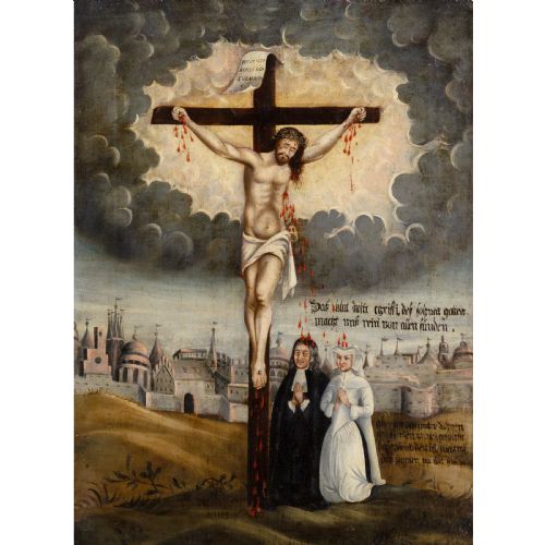 LATE 17THCENTURY HESSIAN SCHOOL CRUCIFIXION WITH DONORS ANTIQUE LUTHERAN OIL PAINTING - ADDITIONAL PHOTO 1