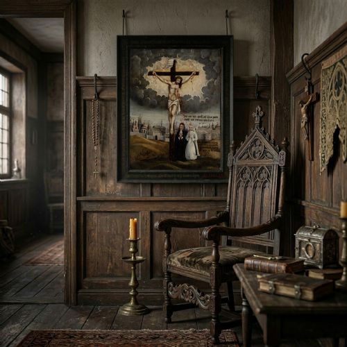 LATE 17THCENTURY HESSIAN SCHOOL CRUCIFIXION WITH DONORS ANTIQUE LUTHERAN OIL PAINTING - ADDITIONAL PHOTO 2