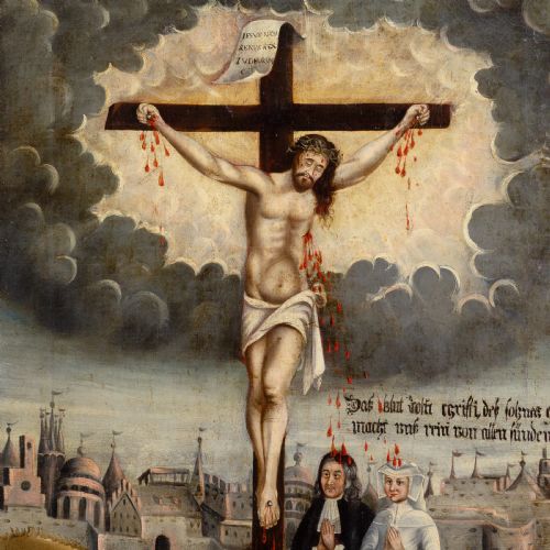 LATE 17THCENTURY HESSIAN SCHOOL CRUCIFIXION WITH DONORS ANTIQUE LUTHERAN OIL PAINTING - ADDITIONAL PHOTO 3