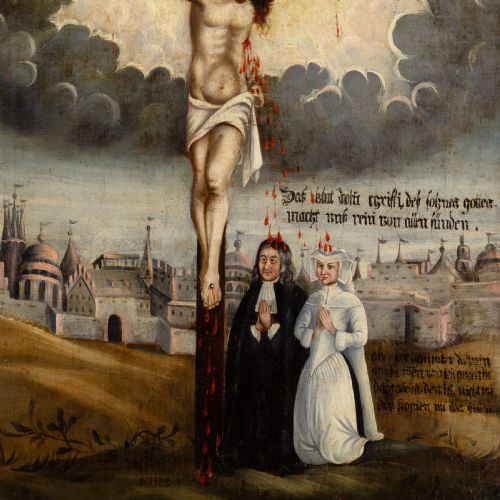 LATE 17THCENTURY HESSIAN SCHOOL CRUCIFIXION WITH DONORS ANTIQUE LUTHERAN OIL PAINTING - ADDITIONAL PHOTO 4