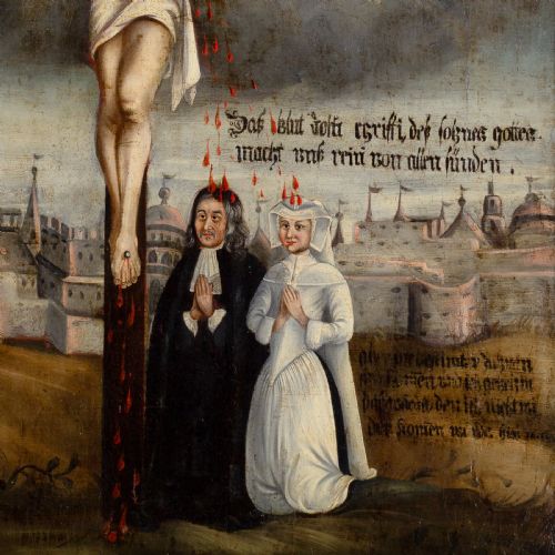 LATE 17THCENTURY HESSIAN SCHOOL CRUCIFIXION WITH DONORS ANTIQUE LUTHERAN OIL PAINTING - ADDITIONAL PHOTO 5