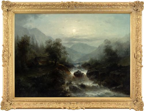 rudolf giffinger mountain landscape with torrent by moonlight antique oil painting - CATEGORY: ANTIQUE ART - DATED 1890