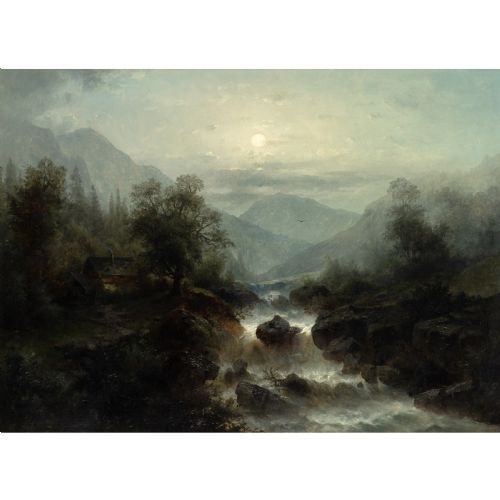 RUDOLF GIFFINGER MOUNTAIN LANDSCAPE WITH TORRENT BY MOONLIGHT ANTIQUE OIL PAINTING - ADDITIONAL PHOTO 1
