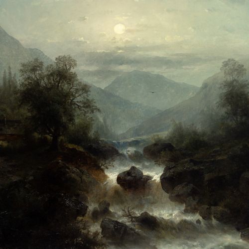 RUDOLF GIFFINGER MOUNTAIN LANDSCAPE WITH TORRENT BY MOONLIGHT ANTIQUE OIL PAINTING - ADDITIONAL PHOTO 3