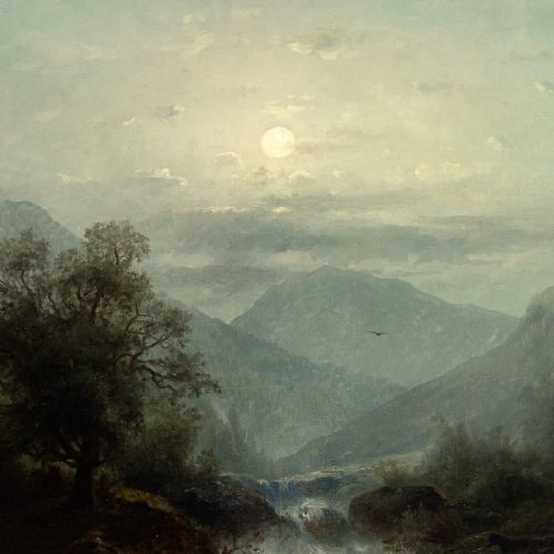 RUDOLF GIFFINGER MOUNTAIN LANDSCAPE WITH TORRENT BY MOONLIGHT ANTIQUE OIL PAINTING - ADDITIONAL PHOTO 4